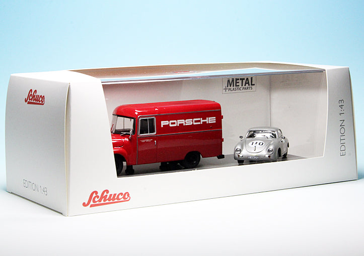 Schuco 1:43 Opel Blitz 1.75t Porsche Renndienst Porsche 356 #110 2-Car Set 450309200