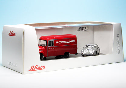 Schuco 1:43 Opel Blitz 1.75t Porsche Renndienst Porsche 356 #110 2-Car Set 450309200