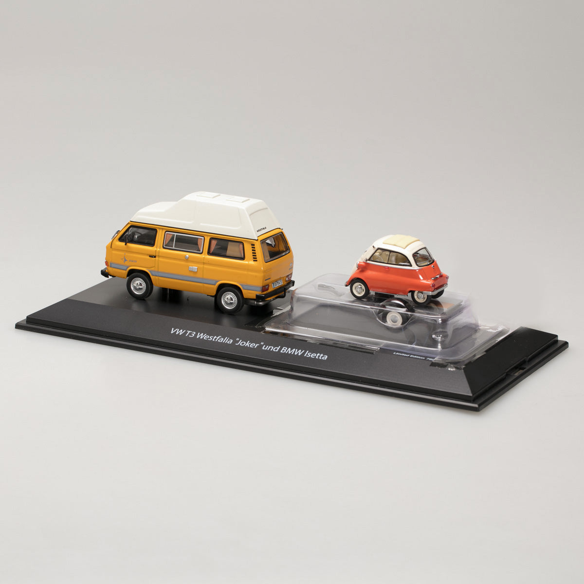 Schuco 1:43 Volkswagen T3 Joker camping bus with trailer and BMW Isetta 450330300