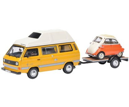 Schuco 1:43 Volkswagen T3 Joker camping bus with trailer and BMW Isetta 450330300