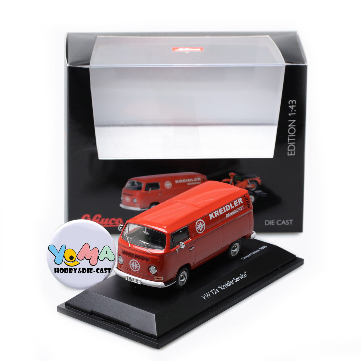 Schuco 1:43 Volkswagen T2a Kreidler-Service box van with bike trailer and Kreidler Florett 450334000
