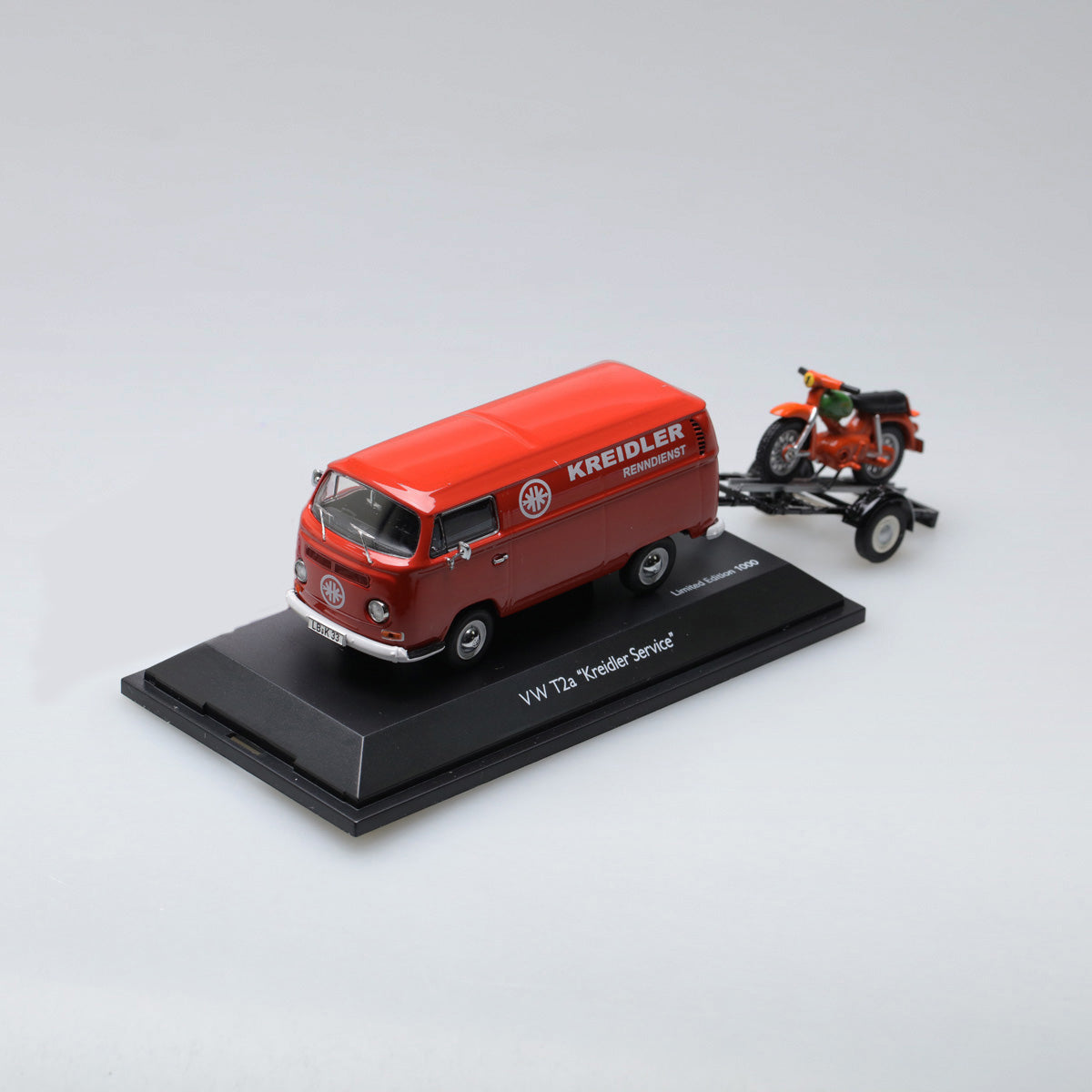 Schuco 1:43 Volkswagen T2a Kreidler-Service box van with bike trailer and Kreidler Florett 450334000