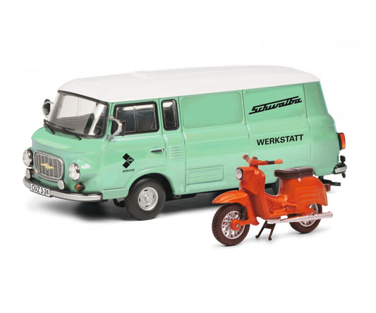 Schuco 1:43 Barkas B1000 Van with Piccolo Simson KR 51/1 Schwalbe IFA Service Simson workshop 450365400