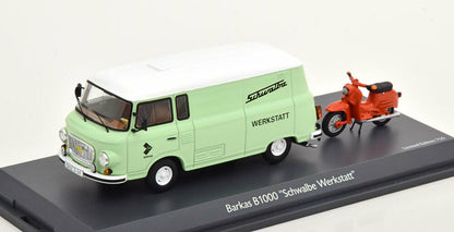 Schuco 1:43 Barkas B1000 Van with Piccolo Simson KR 51/1 Schwalbe IFA Service Simson workshop 450365400