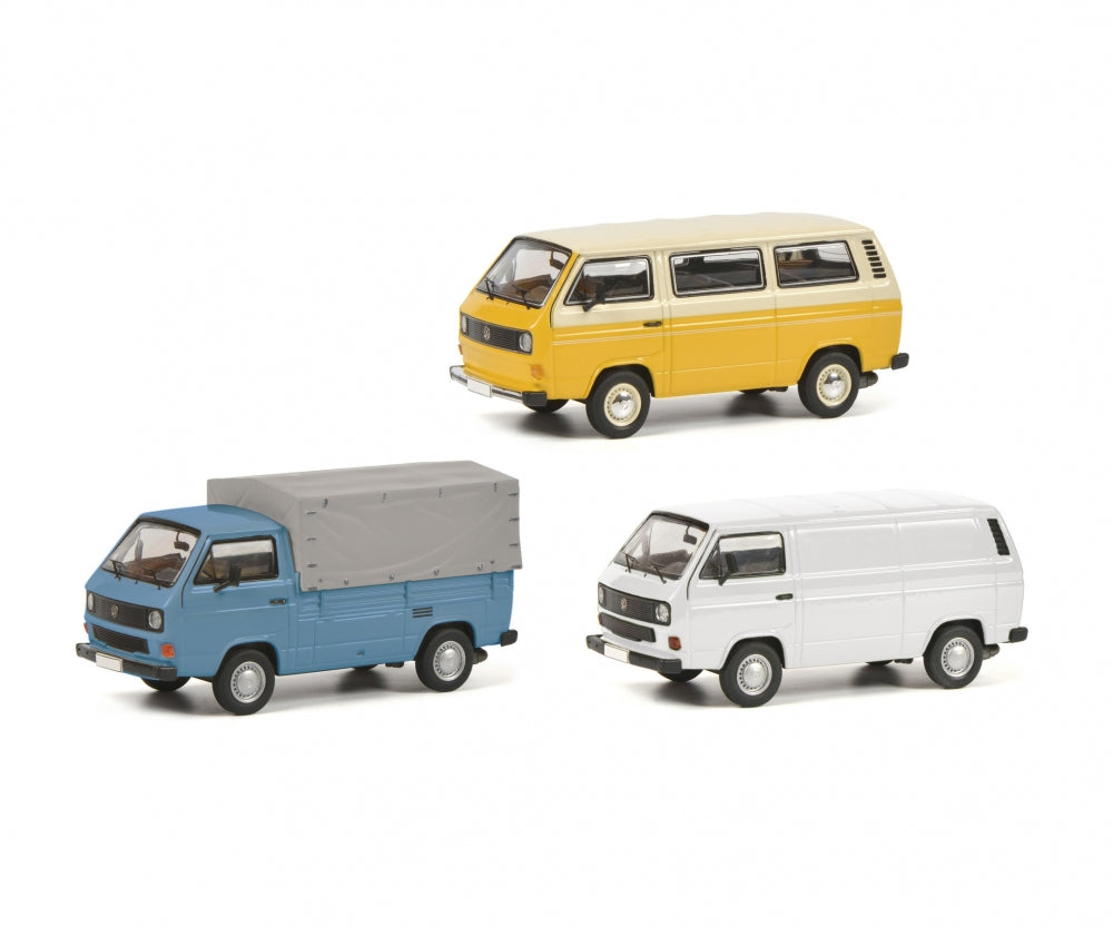 Schuco 1:43 Volkswagen T3 pick-up and box van 3 cars set 40 Years of VW T3 450368600