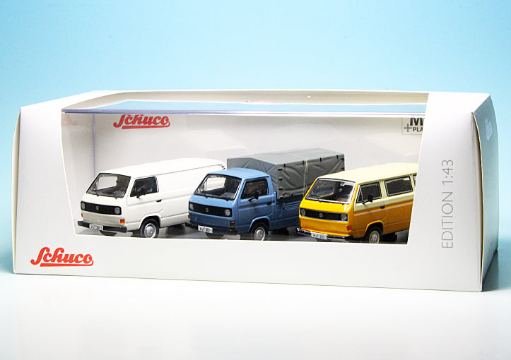 Schuco 1:43 Volkswagen T3 pick-up and box van 3 cars set 40 Years of VW T3 450368600