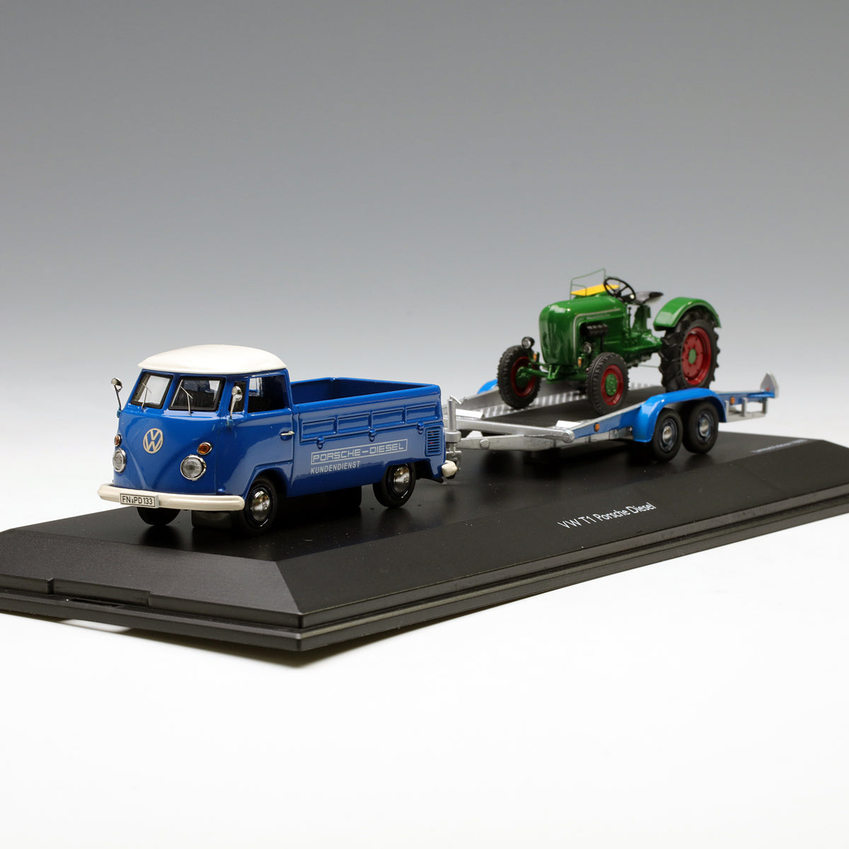 Schuco 1:43 Volkswagen T1C pick-up with trailer and Allgaier Tractor 450374000