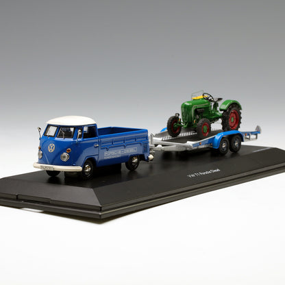 Schuco 1:43 Volkswagen T1C pick-up with trailer and Allgaier Tractor 450374000