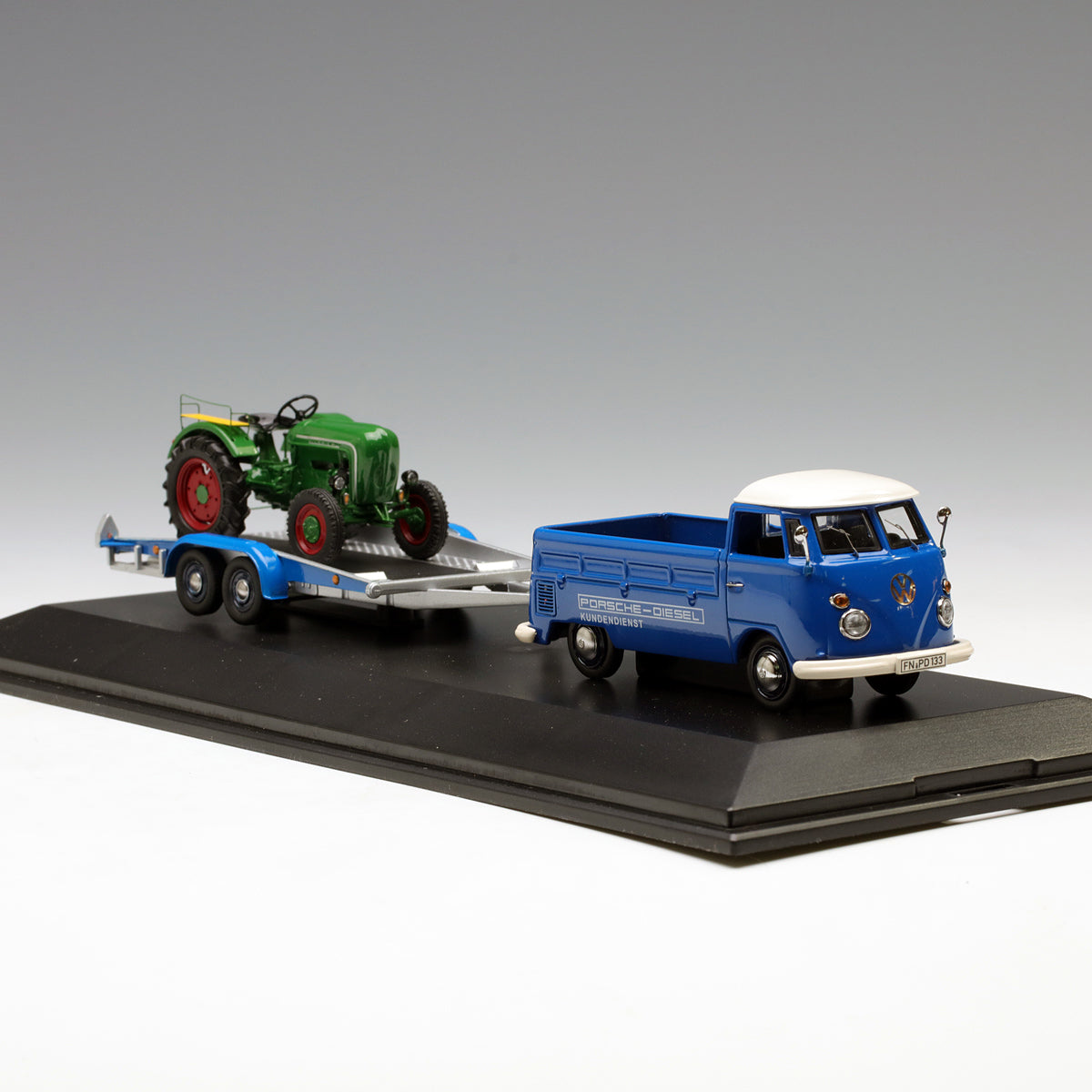 Schuco 1:43 Volkswagen T1C pick-up with trailer and Allgaier Tractor 450374000