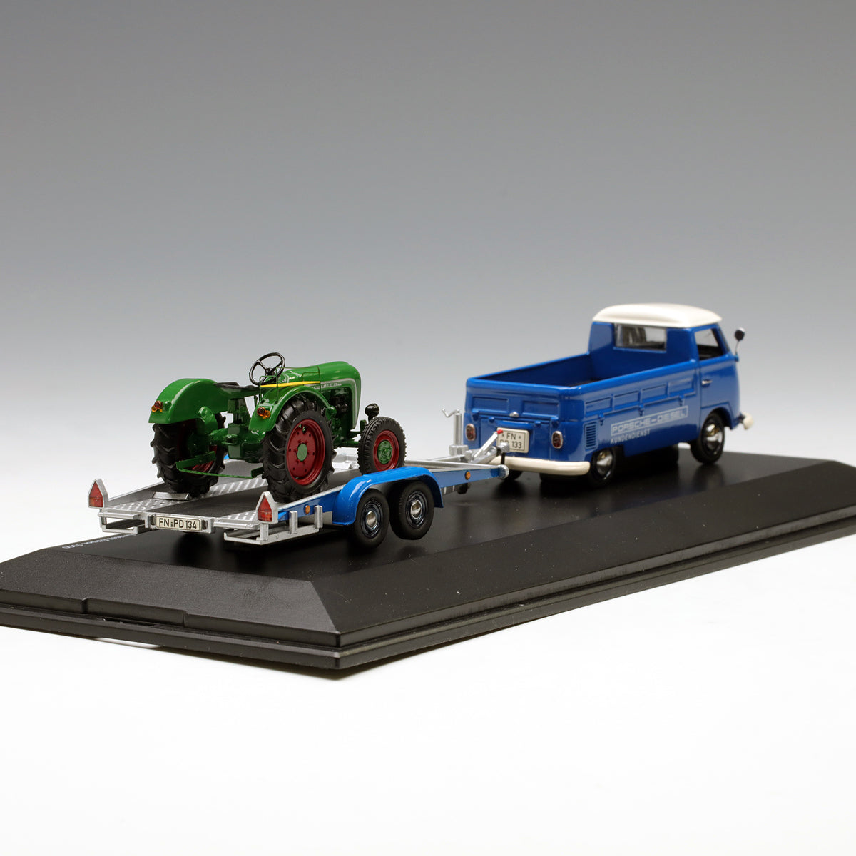Schuco 1:43 Volkswagen T1C pick-up with trailer and Allgaier Tractor 450374000
