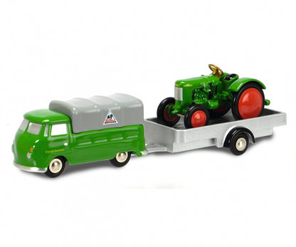 Schuco 1:90 Piccolo Volkswagen T1 pick-up with tarpaulin trailer and Fendt Dieselross tractor 450563400