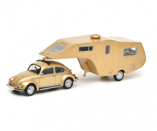 Schuco 1/43 Volkswagen 1200 with caravan trailer gold 450903800