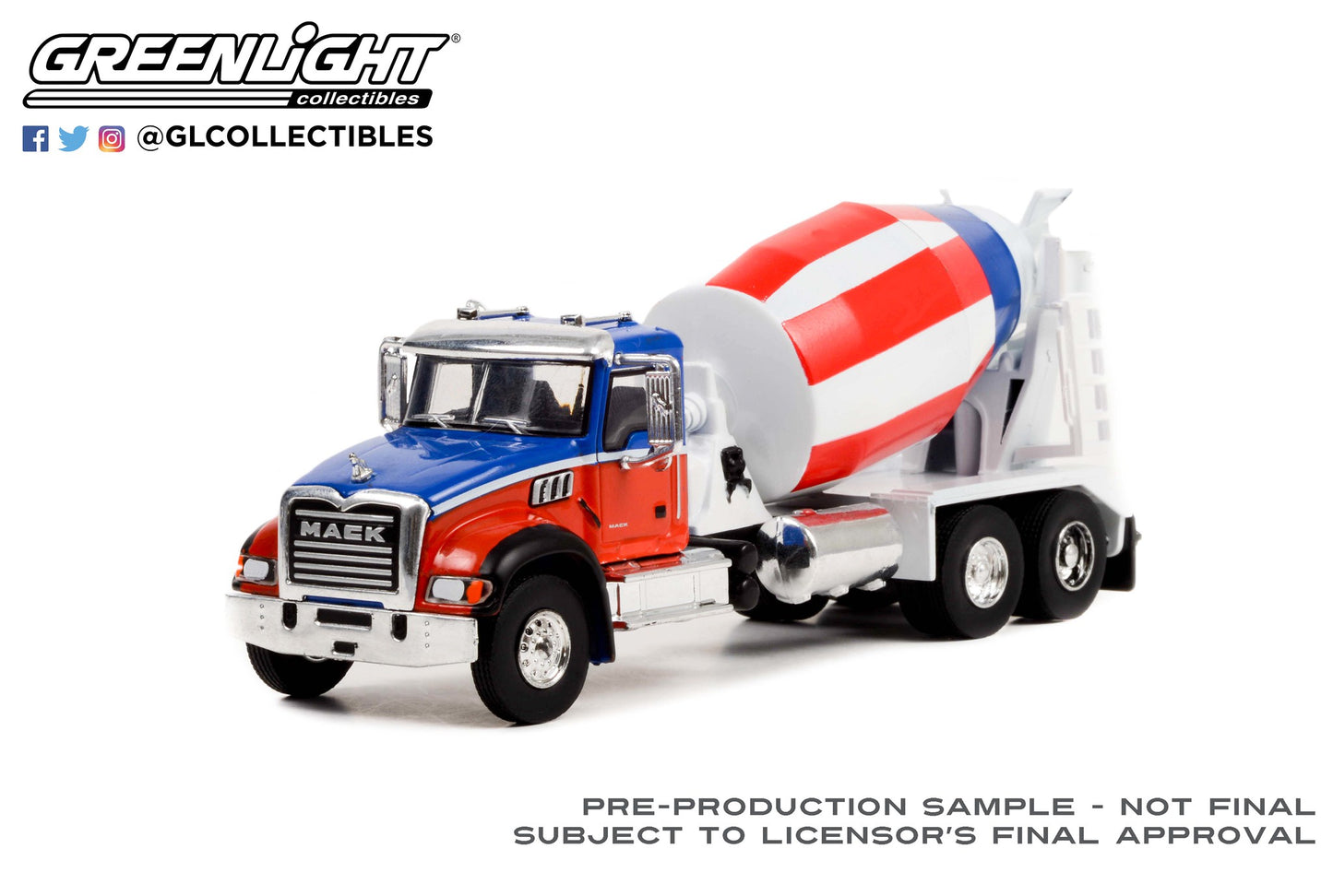 GreenLight 1:64 S.D. Trucks Series 15 - 2019 Mack Granite Cement Mixer - Red, White and Blue 45150-C