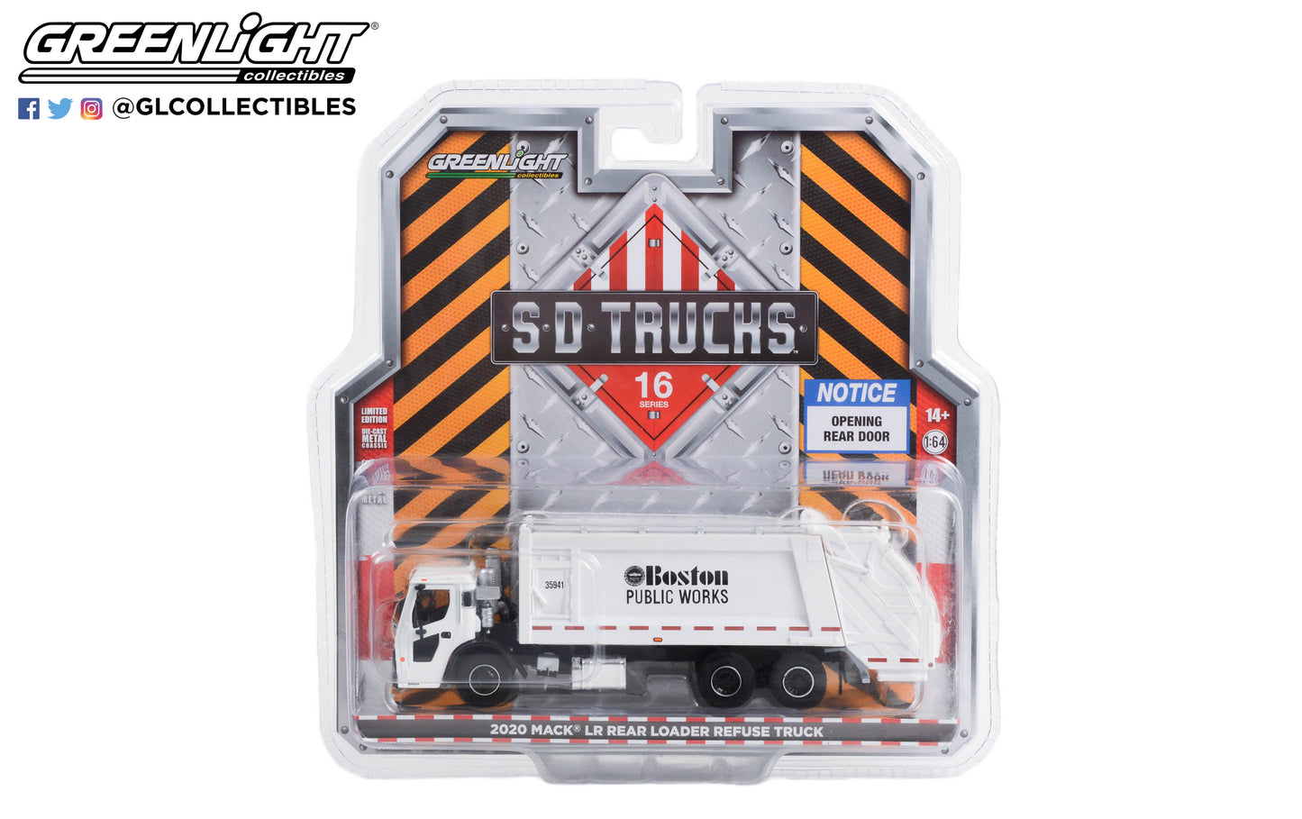 GreenLight 1:64 S.D. Trucks Series 16 - 2020 Mack LR Rear Loader Refuse Truck - Boston Public Works, Boston, Massachusetts 45160-C