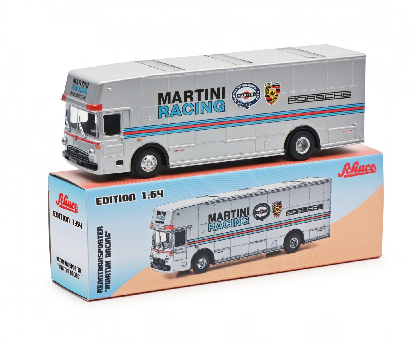 Schuco 1:64 Mercedes-Benz O317 Race Car Transporter Team Porsche Martini Racing 452027400