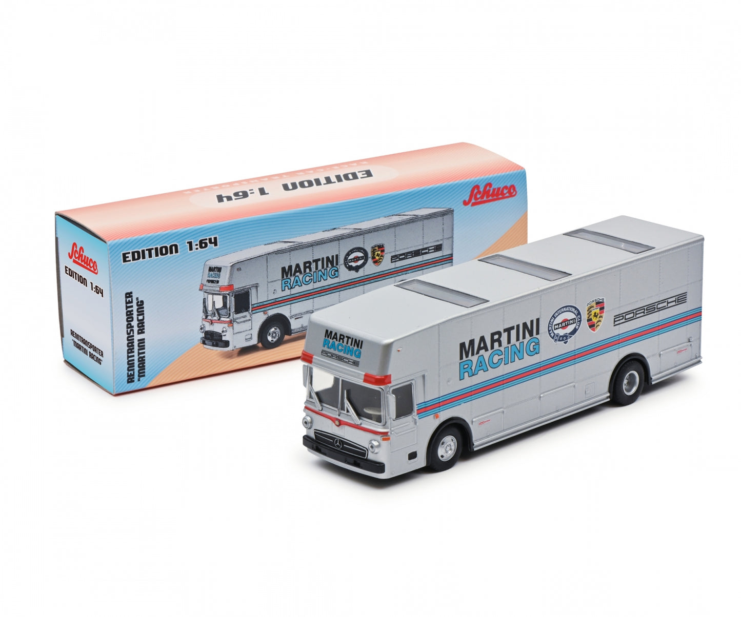 Schuco 1:64 Mercedes-Benz O317 Race Car Transporter Team Porsche Martini Racing 452027400