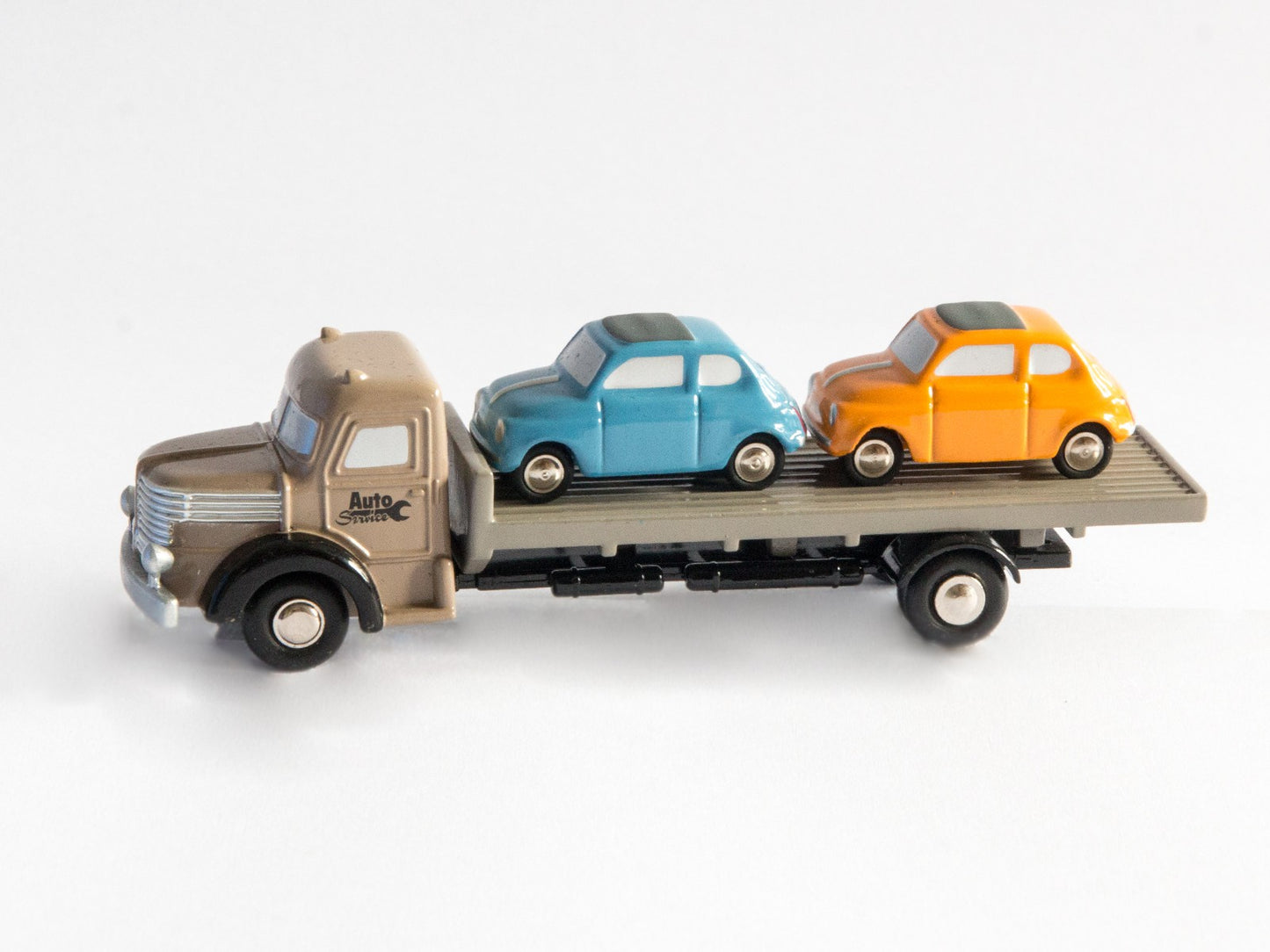 Schuco 1:90 Piccolo Krupp Flatbed Truck with two Fiat 500 Auto Service 450567400
