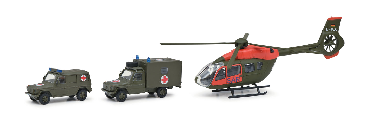 Schuco 1:87 MHI Set Military SAR EC 145 helicopter Mercedes Benz G-Modell & Wolf 452663500