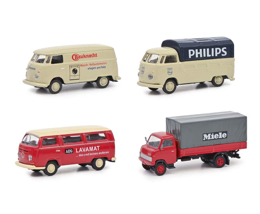 Schuco 1:87 Starke Marken II Volkswagen T1b Hanomag F55 Bauknecht Philipps AEG Miele 4 pcs Set 452663700
