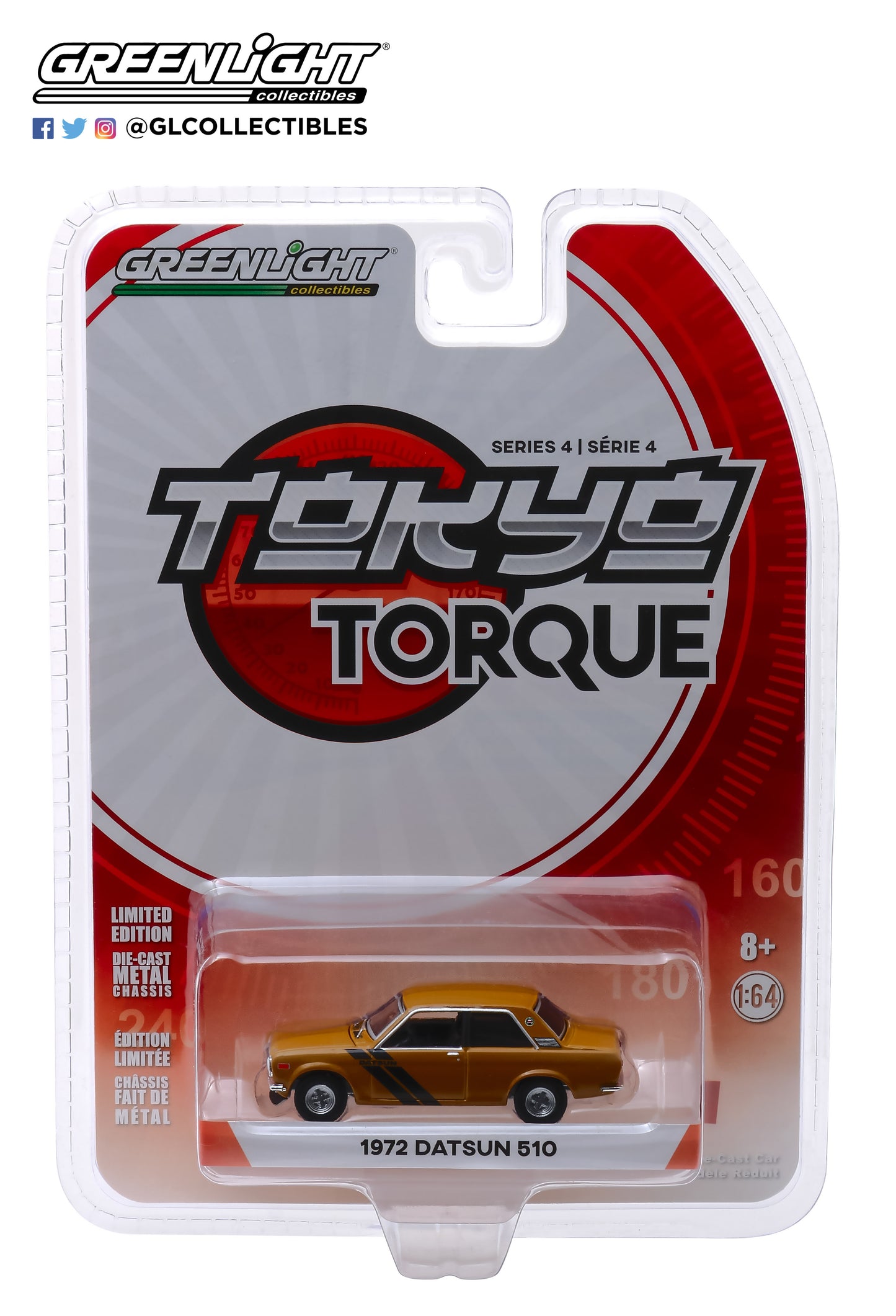 GreenLight 1/64 Tokyo Torque Series 4 - 1972 Datsun 510 Trans-Am Decor Package - Sahari Gold Poly with Black Stripes 47020-C
