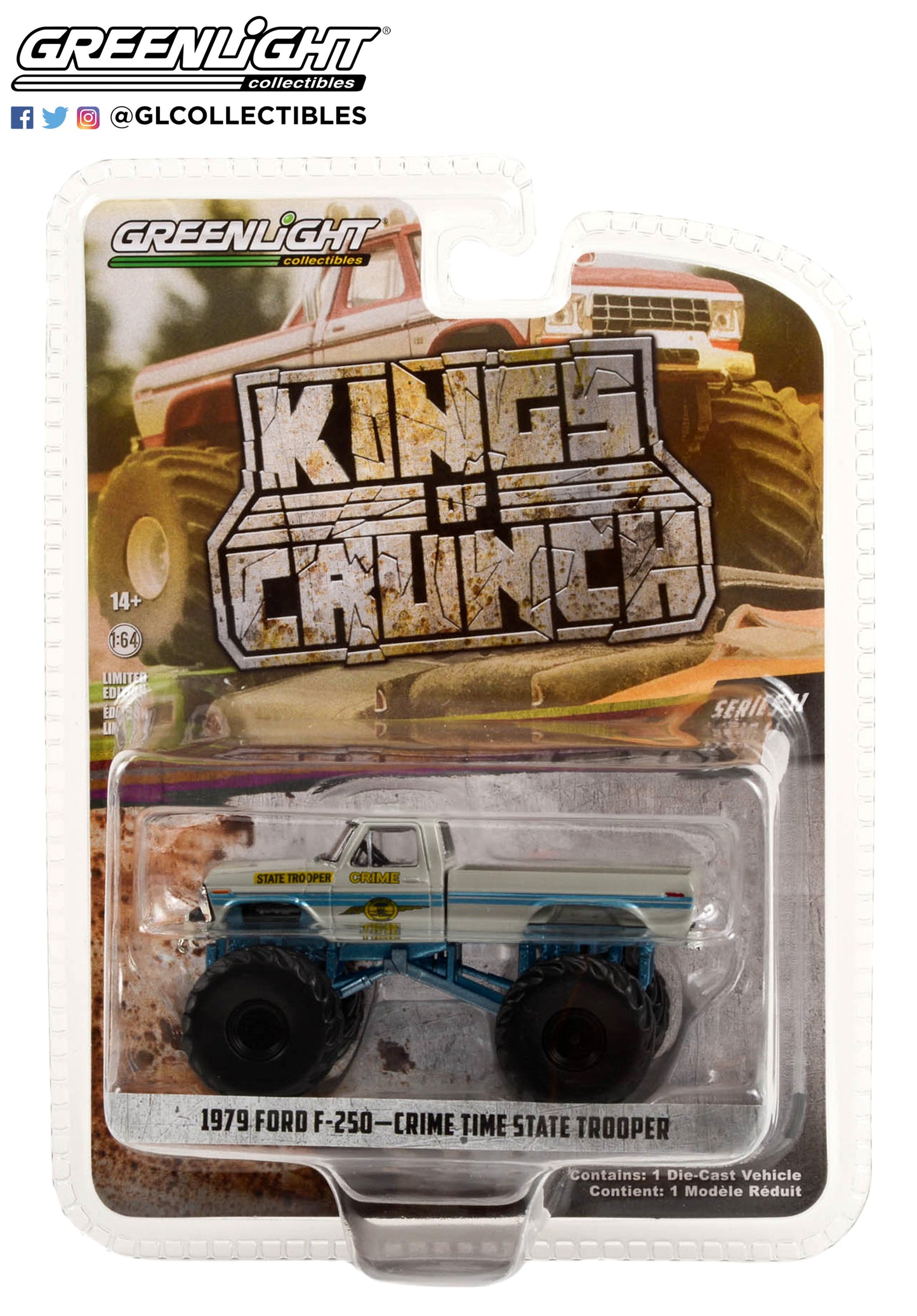 GreenLight 1:64 Kings of Crunch Series 11 - Crime Time State Trooper - 1979 Ford F-250 Monster Truck Solid Pack 49110-C