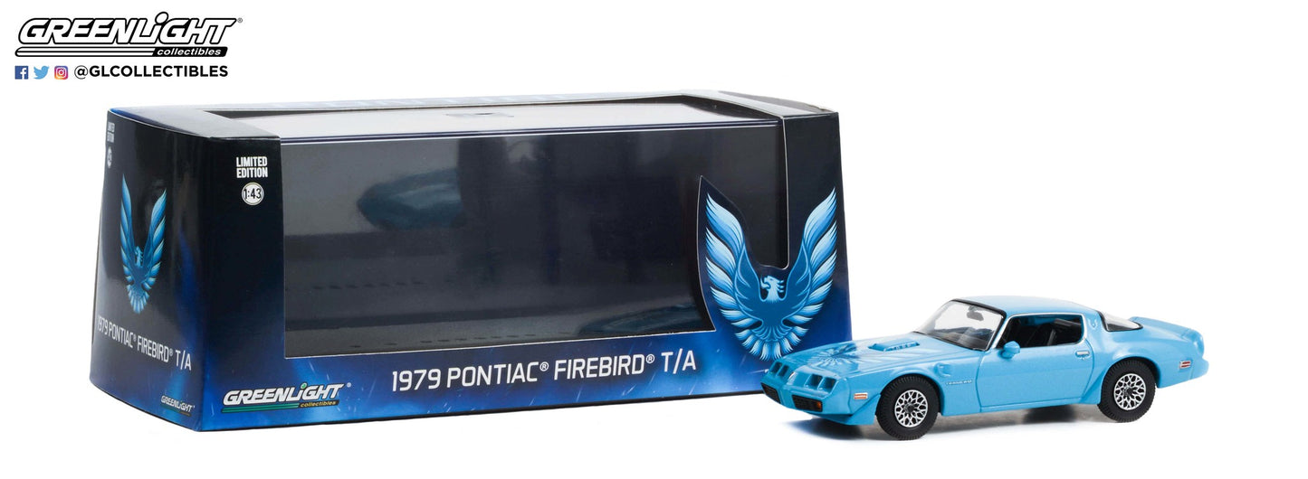 GreenLight 1:43 1979 Pontiac Firebird Trans Am Hardtop - Atlantis Blue with Hood Phoenix 86348