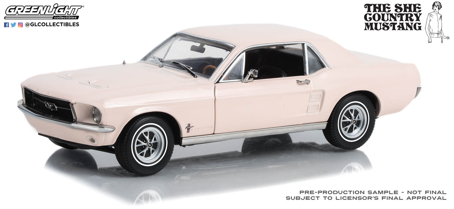 GreenLight 1:18 1967 Ford Mustang Coupe She Country Special - Bill Goodro Ford, Denver, Colorado - Bermuda Sand 13642