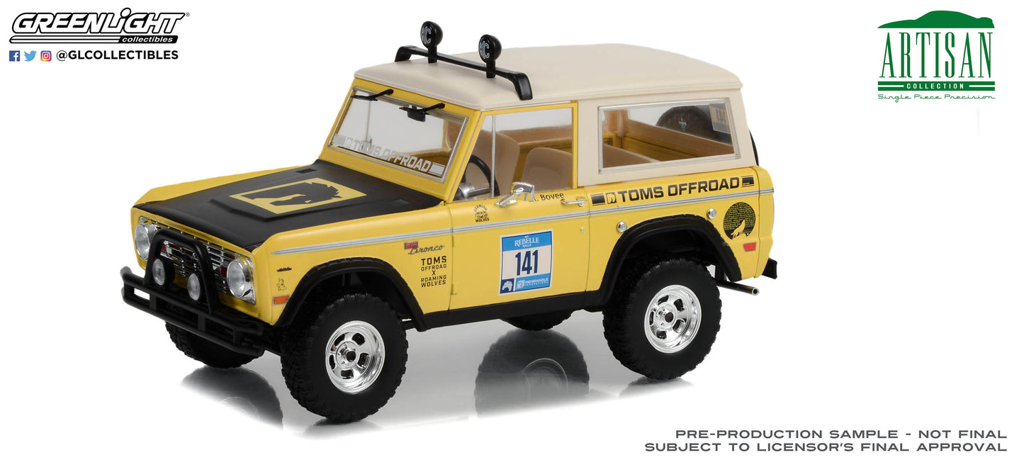 GreenLight 1:18 Artisan Collection - 1969 Ford Bronco #141 Rebelle Rally - Toms Offroad, Roaming Wolves 19131