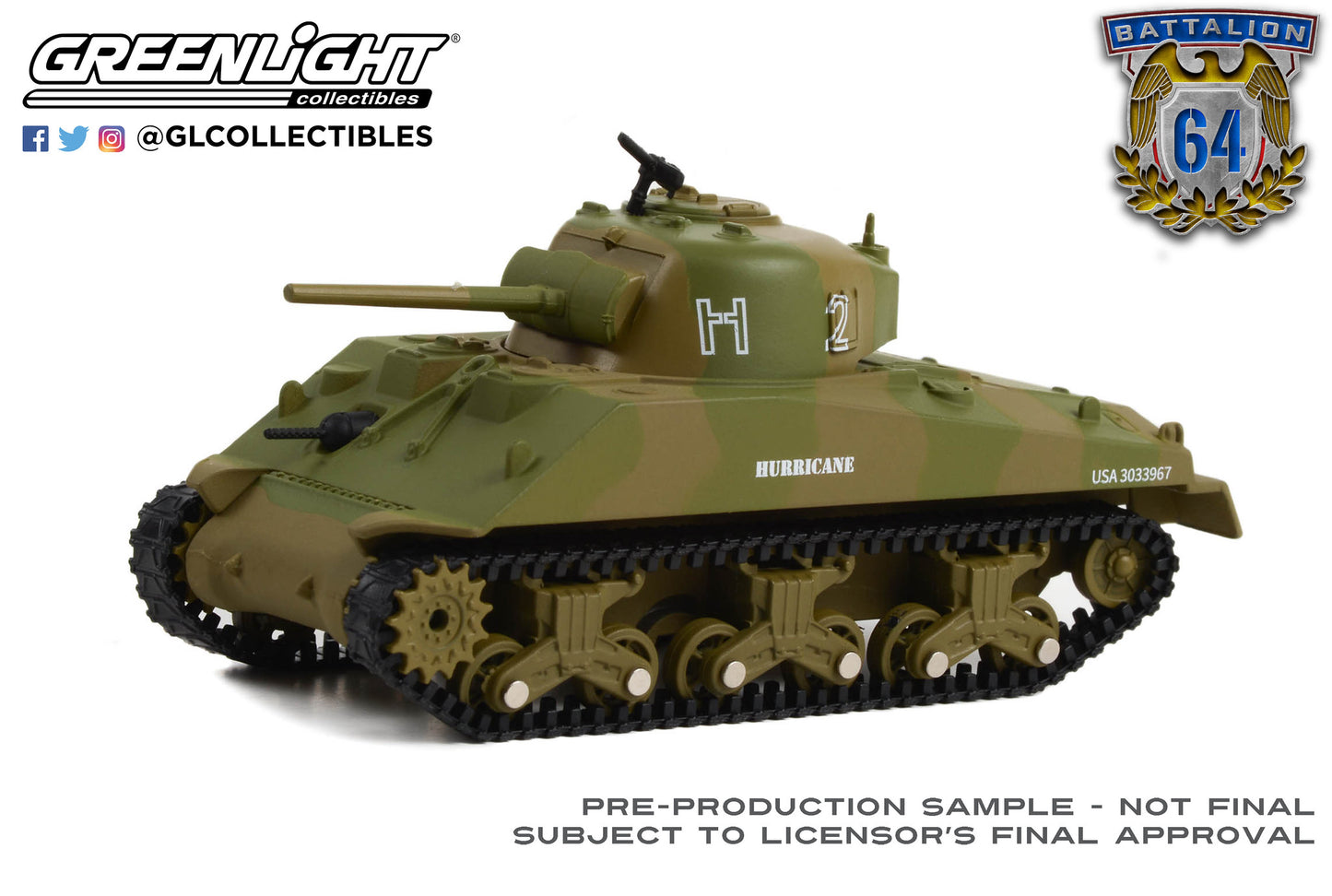 GreenLight 1:64 Battalion 64 Series 3 - 1944 M4 Sherman Tank “Hurricane” - U.S. Army World War II - 66th Armor Regiment, 2nd U.S. Armored Division, Normandy 61030-B