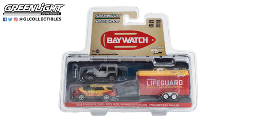GreenLight 1:64 Hollywood Hitch & Tow Series 11 - Baywatch (2017) - 2016 Ford Explorer Emerald Bay Beach Patrol Lifeguard with 2013 Jeep Wrangler Rubicon in Enclosed Car Hauler 31150-B