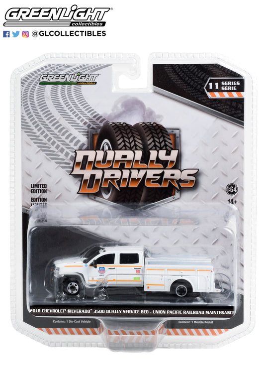 GreenLight 1:64 Dually Drivers Series 11 - 2018 Chevrolet Silverado 3500 Dually Service Bed - Union Pacific Railroad Maintenance Truck 46110-C