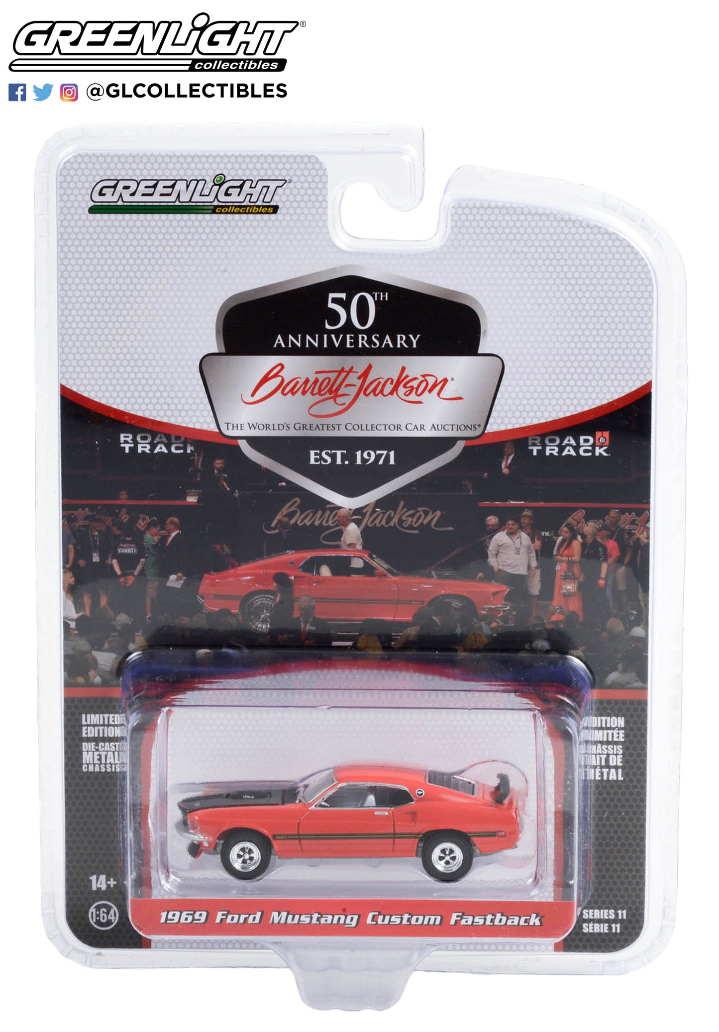 GreenLight 1:64 Barrett-Jackson Scottsdale Edition Series 11 - 1969 Ford Mustang Custom Fastback (Lot #765.1) - Race Red with Black Hood 37270-C