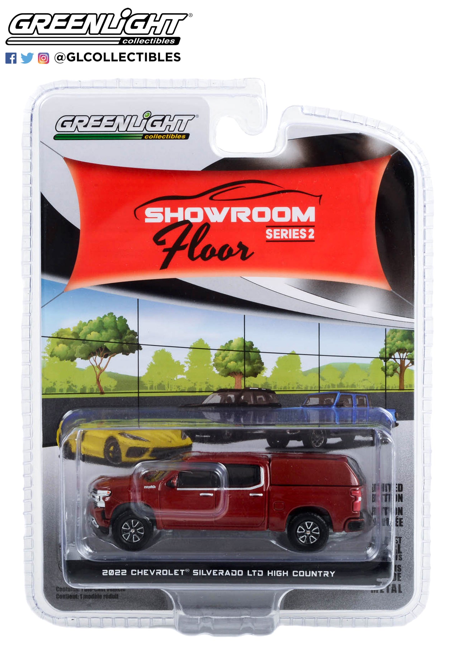 GreenLight 1:64 Showroom Floor Series 2 - 2022 Chevrolet Silverado LTD High Country with Camper Shell - Cherry Red Tintcoat 68020-C