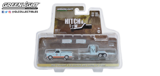 GreenLight 1:64 Hitch & Tow Series 27 - 1968 Chevrolet C-10 Shortbed Gulf Oil and Gulf Oil Tandem Car Trailer 32270-A