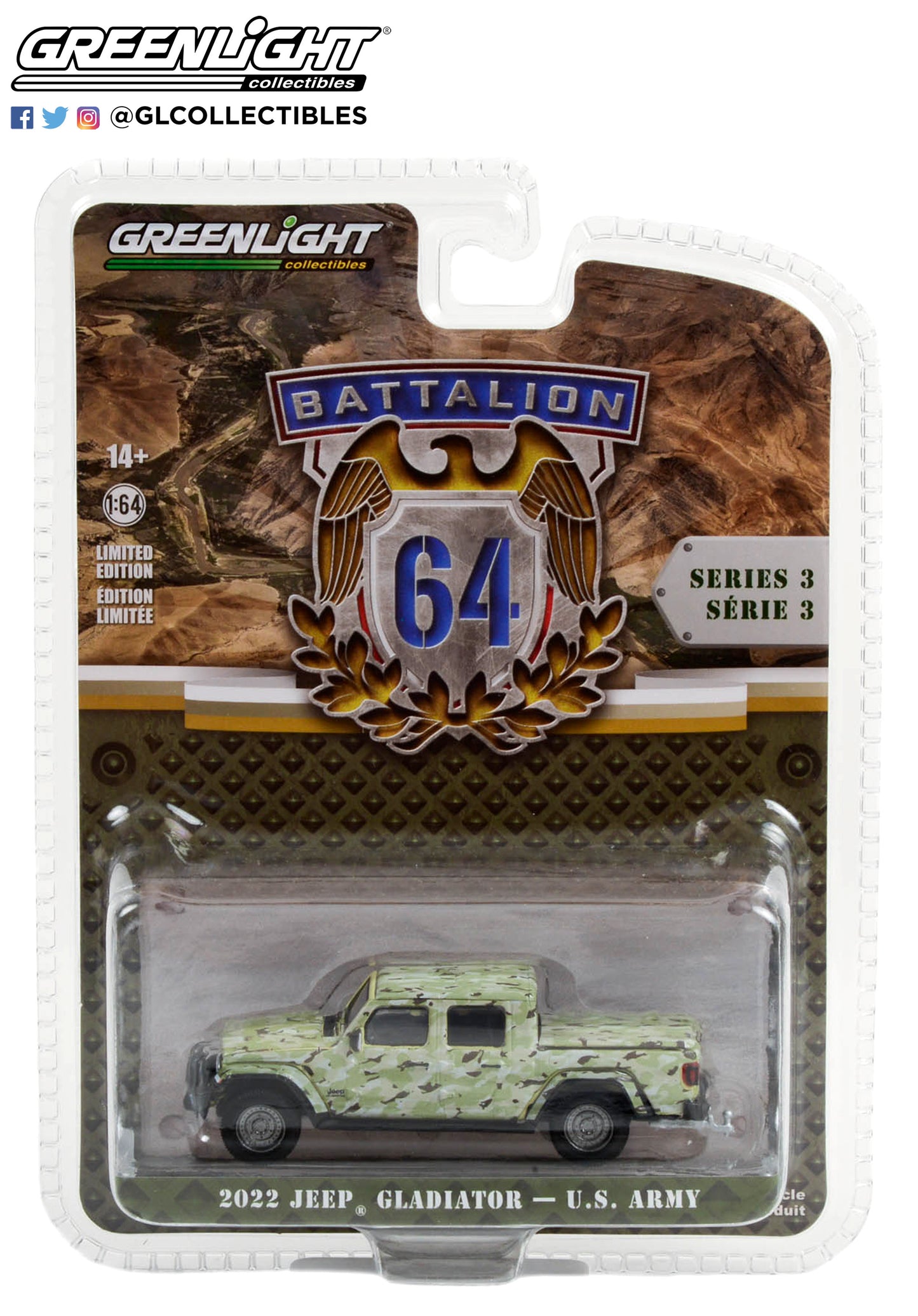 GreenLight 1:64 Battalion 64 Series 3 - 2022 Jeep Gladiator - U.S. Army - Military-Spec Camouflage 61030-F