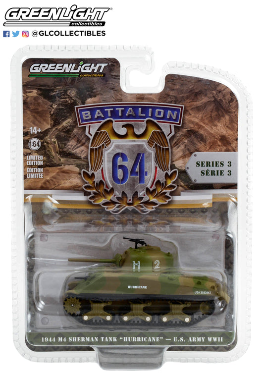 GreenLight 1:64 Battalion 64 Series 3 - 1944 M4 Sherman Tank “Hurricane” - U.S. Army World War II - 66th Armor Regiment, 2nd U.S. Armored Division, Normandy 61030-B