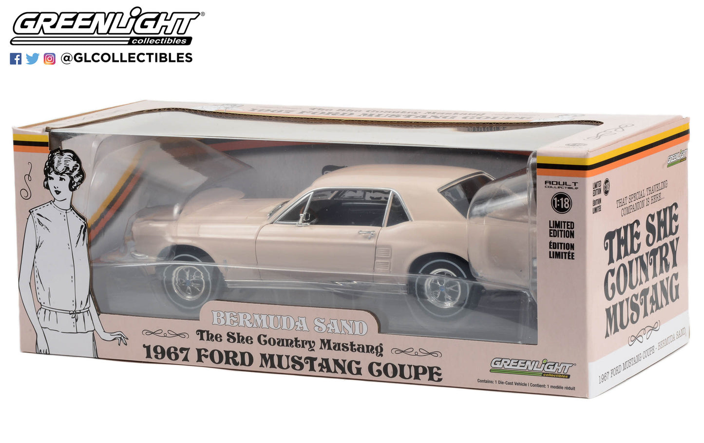 GreenLight 1:18 1967 Ford Mustang Coupe She Country Special - Bill Goodro Ford, Denver, Colorado - Bermuda Sand 13642