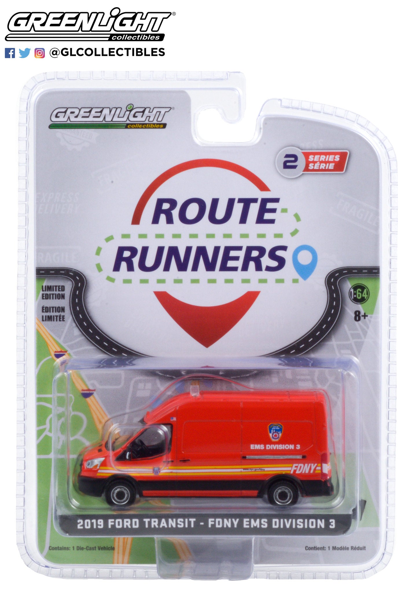GreenLight 1:64 Route Runners Series 2 - 2019 Ford Transit LWB High Roof - FDNY (The Official Fire Department City of New York) EMS Division 3 53020-E