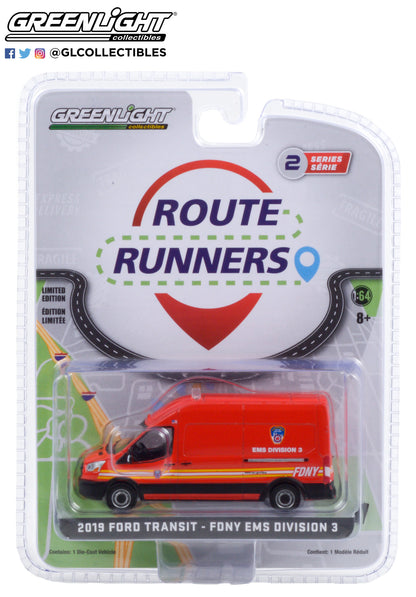 GreenLight 1:64 Route Runners Series 2 - 2019 Ford Transit LWB High Roof - FDNY (The Official Fire Department City of New York) EMS Division 3 53020-E