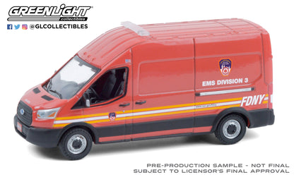 GreenLight 1:64 Route Runners Series 2 - 2019 Ford Transit LWB High Roof - FDNY (The Official Fire Department City of New York) EMS Division 3 53020-E