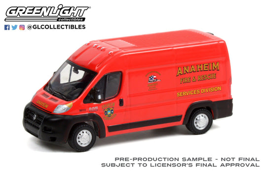 GreenLight 1:64 Route Runners Series 3 - 2018 Dodge Ram ProMaster 2500 Cargo High Roof - Anaheim, California Fire & Rescue Services Division 53030-D