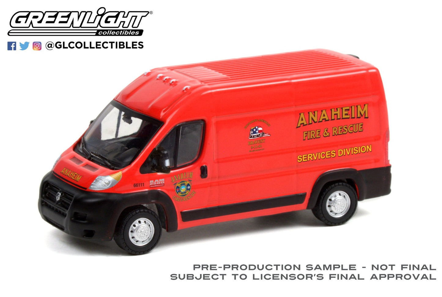 GreenLight 1:64 Route Runners Series 3 - 2018 Dodge Ram ProMaster 2500 Cargo High Roof - Anaheim, California Fire & Rescue Services Division 53030-D
