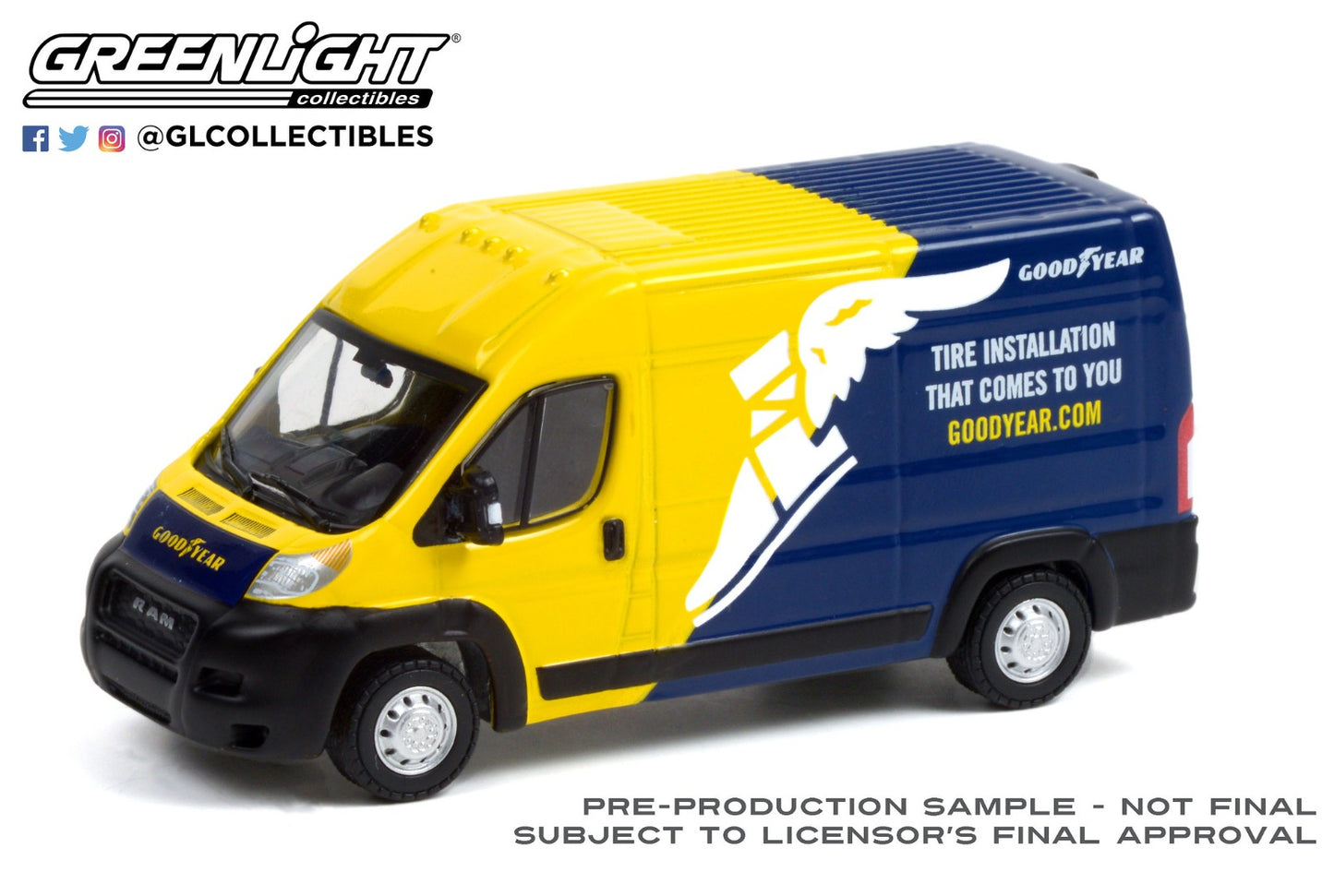 GreenLight 1:64 Route Runners Series 3 - 2019 Dodge Ram ProMaster 2500 Cargo High Roof - Goodyear Tire Installation That Comes To You 53030-E