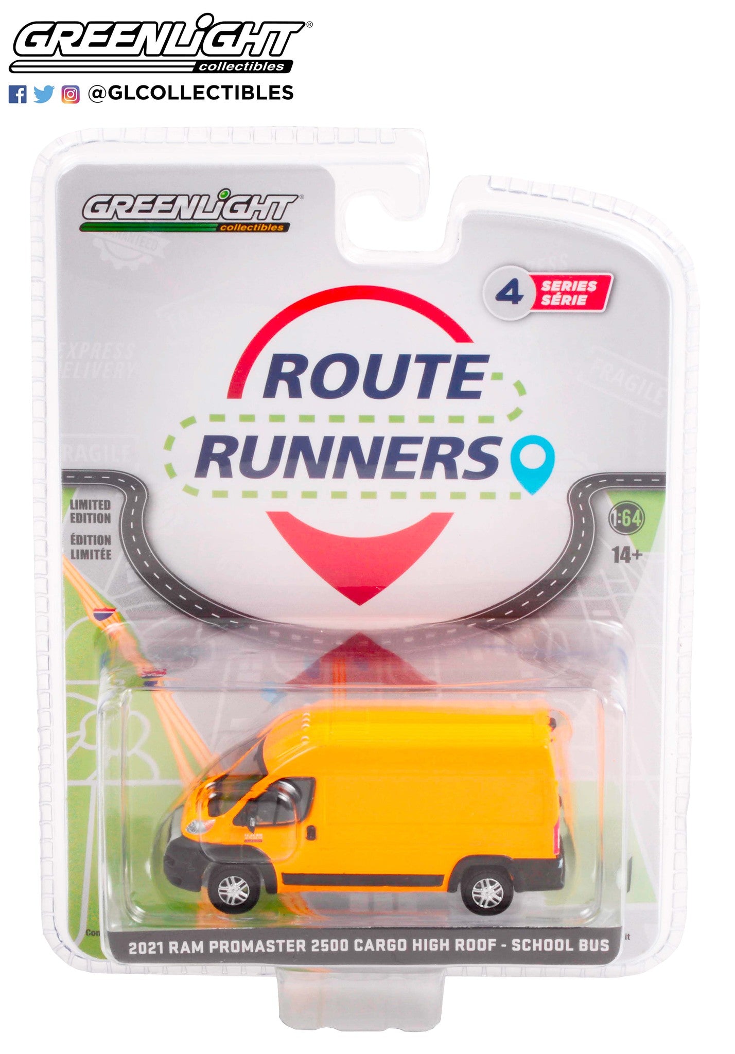 GreenLight 1:64 Route Runners Series 4 - 2021 Dodge Ram ProMaster 2500 Cargo High Roof - School Bus Yellow 53040-F