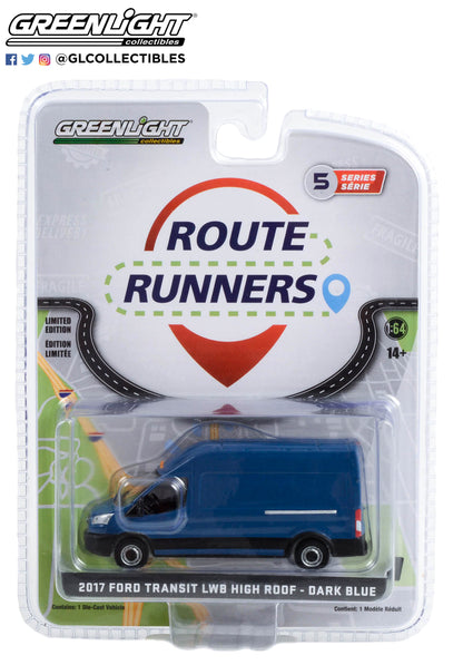 GreenLight 1:64 Route Runners Series 5 - 2017 Ford Transit LWB High Roof - Dark Blue 53050-A