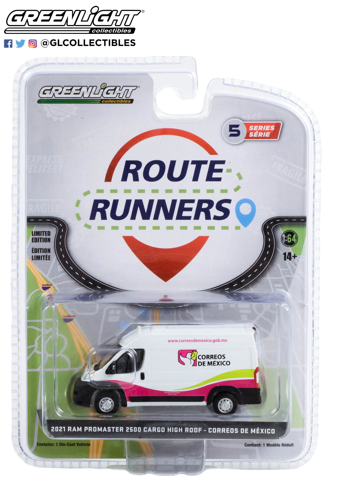GreenLight 1:64 Route Runners Series 5 - 2021 Dodge Ram ProMaster 2500 Cargo High Roof - Correos de Mexico 53050-F