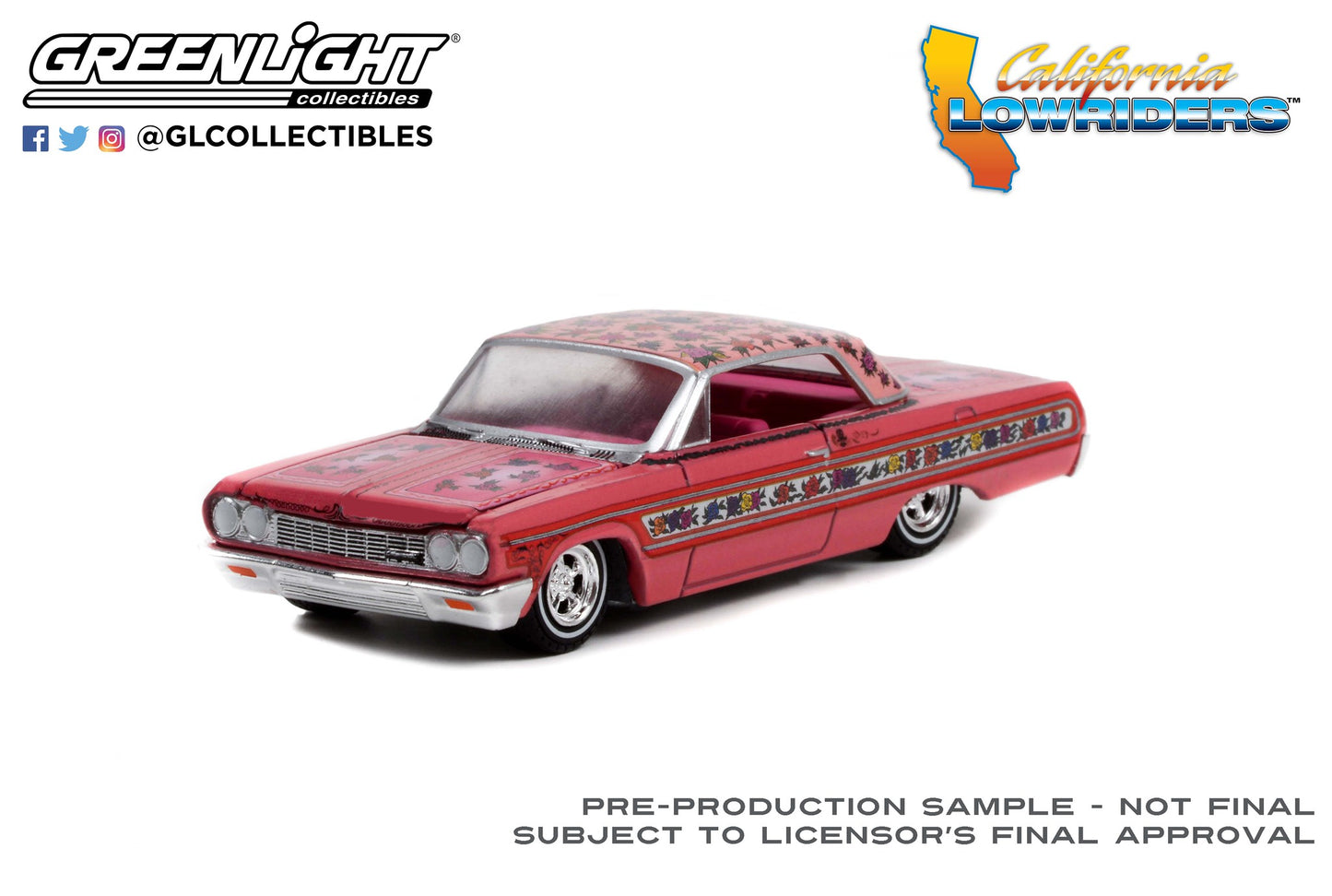 GreenLight 1:64 California Lowriders Series 1 - 1964 Chevrolet Impala Lowrider - Pink with Roses 63010-A