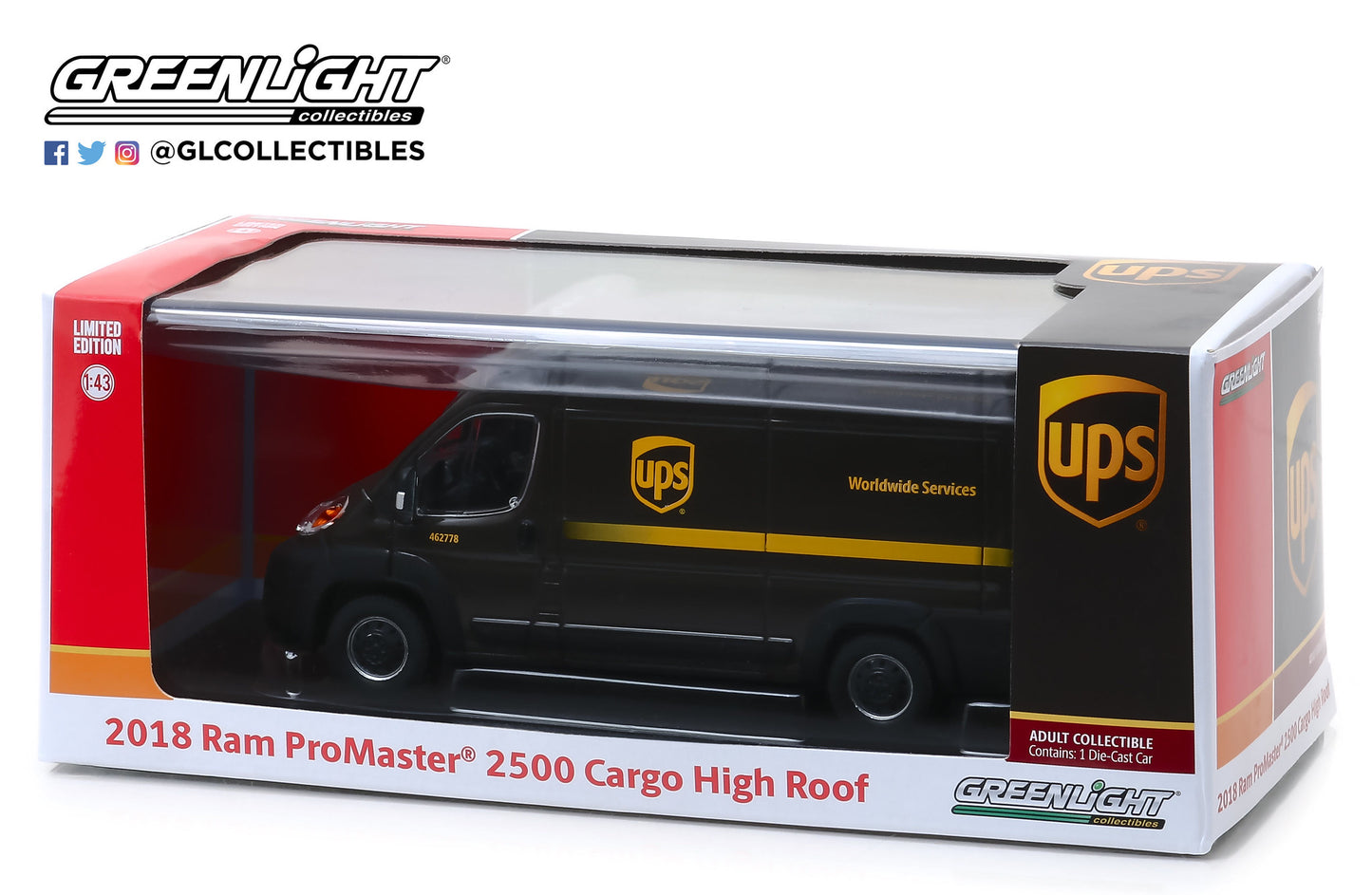 GreenLight 1:43 2018 Dodge Ram ProMaster 2500 Cargo High Roof - United Parcel Service (UPS) Worldwide Services 86156
