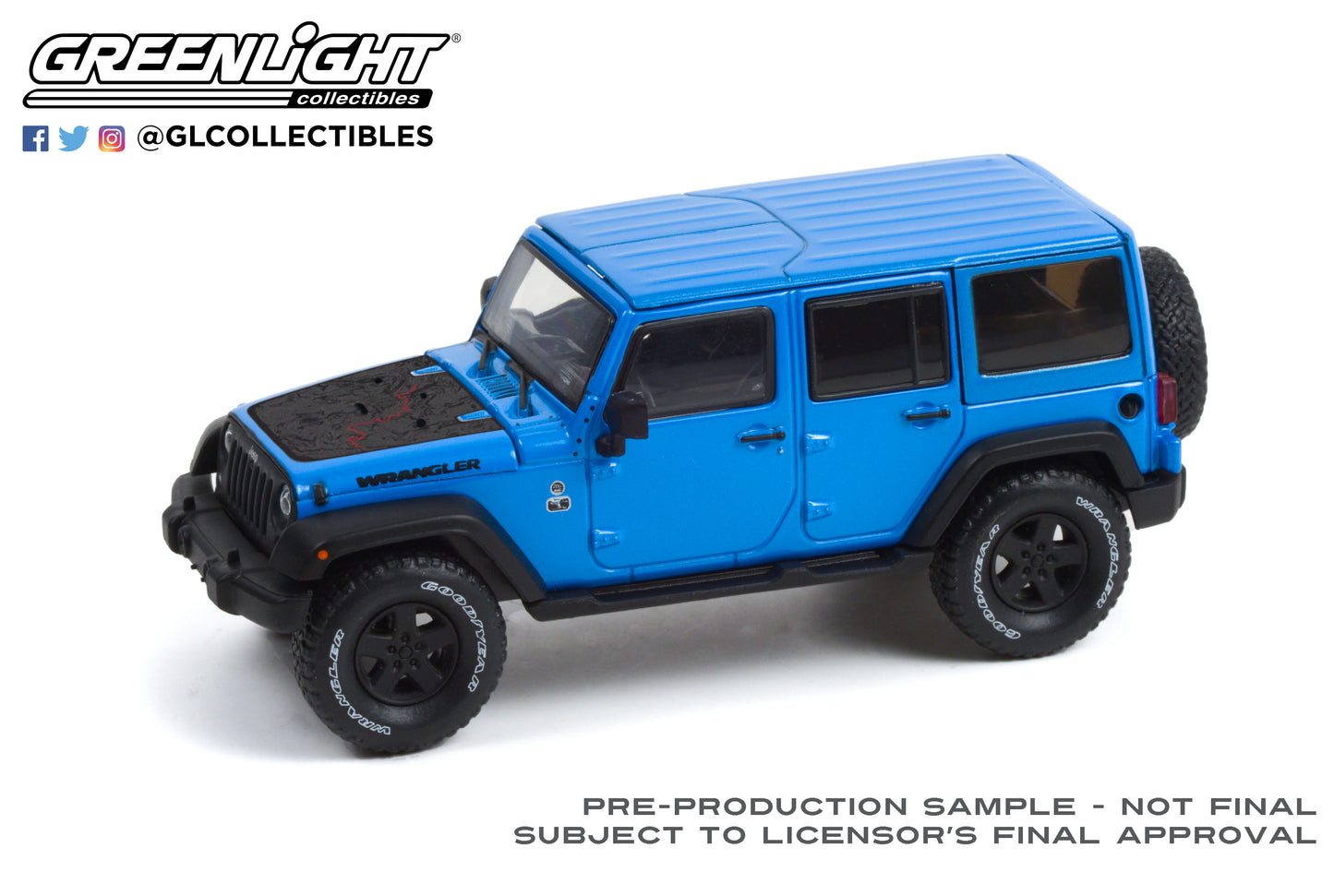 GreenLight 1:43 2016 Jeep Wrangler Unlimited Black Bear Edition - Jeep Official Badge of Honor - Black Bear Pass, Telluride, Colorado - Hydro Blue Pearl 86198