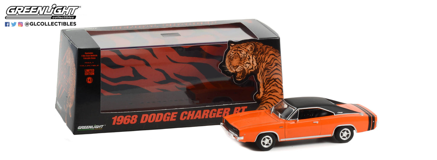 GreenLight 1:43 1968 Dodge Bengal Charger R/T - Orange with Black Stripes - Tom Kneer Dodge, Cincinnati, Ohio - 1 of 50 Produced 86354